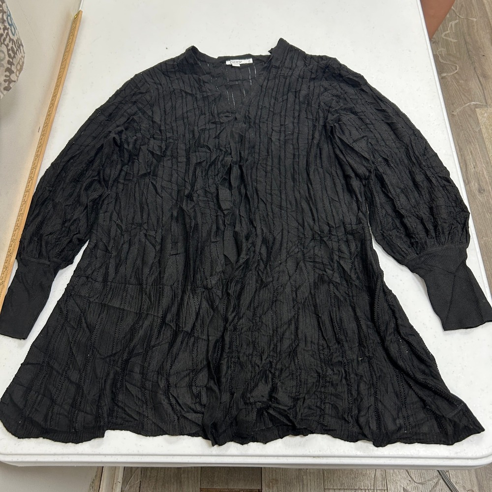 Chicos Black Textured Pleated Open Front Cardigan Balloon Sleeve Size 3 XL